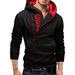 Black Red Крутые мужские толстовки с капюшоном с вырезом на молнии сбоку с буквенным принтом спереди и большим карманом с длинным рукавом, тонкая мужская уличная одежда - Цвет: Black Red
