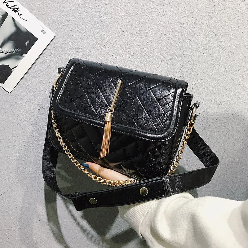 

2019 New Style Small Black Bag Shoulder Diagonal Hand Chain WOMEN'S Bag High Quality Rhombus Tassels WOMEN'S Bag Trend Versatile