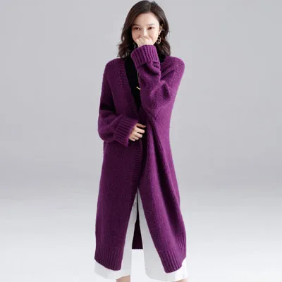 Purple Весна Зима Модный Зеленый однотонный вязаный Тренч Женский Свободный Повседневный длинный плащ с открытыми плечами - Цвет: Purple
