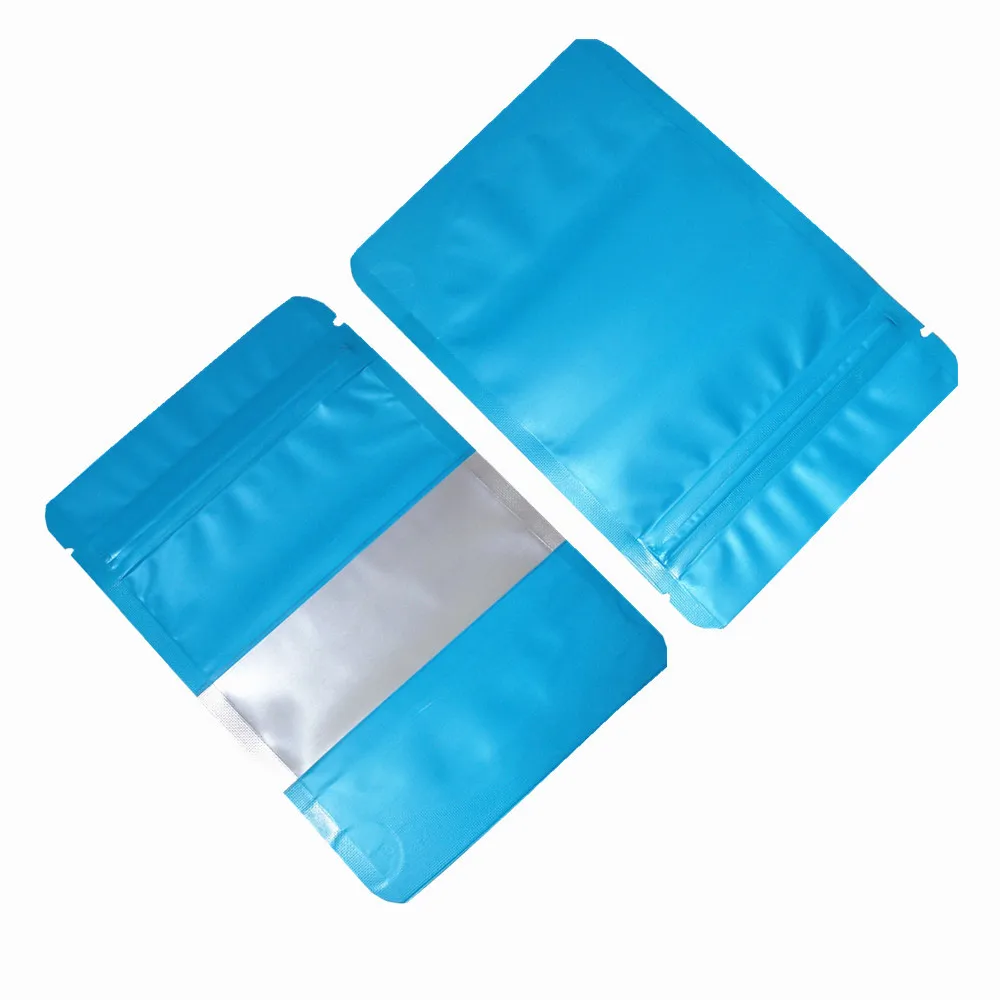 100Pcs Blue Mylar Foil Zip Lock Stand Up Bag with Frosted Window Tear Notch Doypack Resealable Food Storage Packaging Pouches