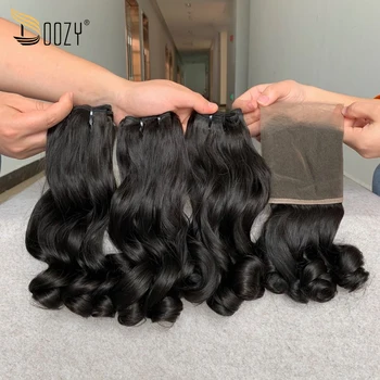 

Doozy Hair Peruvian Super Double Drawn Bouncy Curly 3/4 Bundles With Frontal Virgin Human Hair