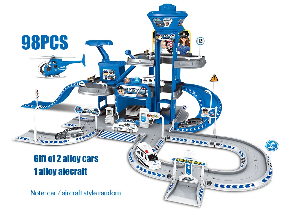 3D City Police Station Railway Alloy Car Play Engineering Fire Truck Track Car DIY Model Building Kits Assembly toys for kids