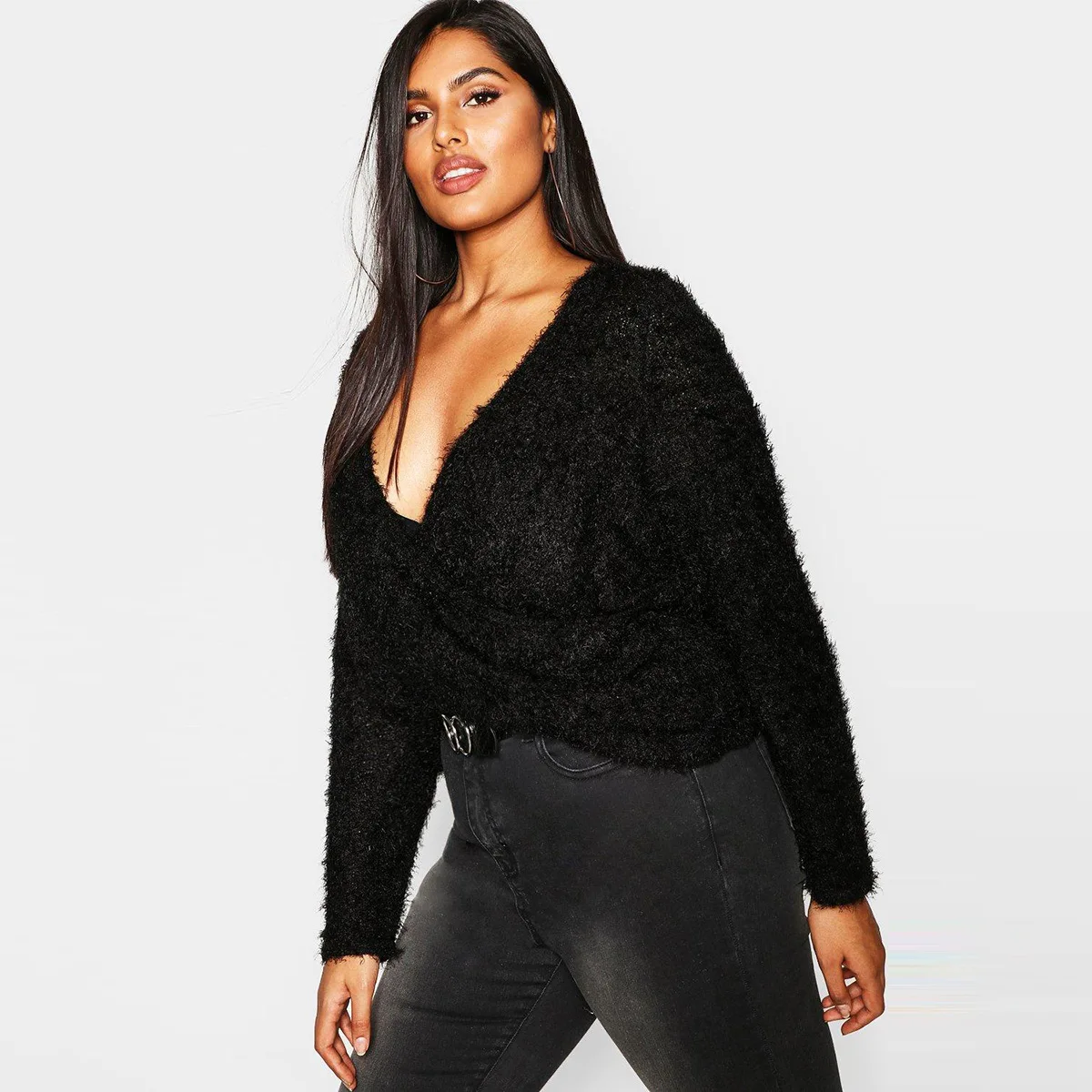 

Kisilk Simple Large Size-Style V-neck Cross Wrap Solid Color Long Sleeve Knitted Sweater 2020 Autumn New Style