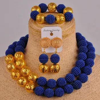 

royal blue african wedding necklace nigerian beads jewelry set simulated pearl jewelry sets FZZ91