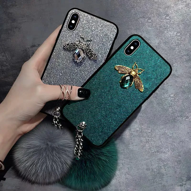 Furry Ball Crystal Bracelet Jewelled Pink Bees Iphone 11 Pro Max Case Coque Xr Cover 7 8 6 6s Plus X Xs |