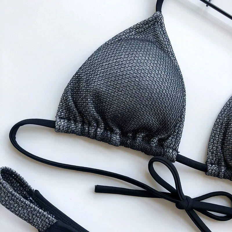 Sexy Shiny Rhinestones Bra and Panty Set Women Halter BraTwo Piece Set Summer BeachBikini Low WaistTriangleBathingWoman Swimsuit cheap bikini sets