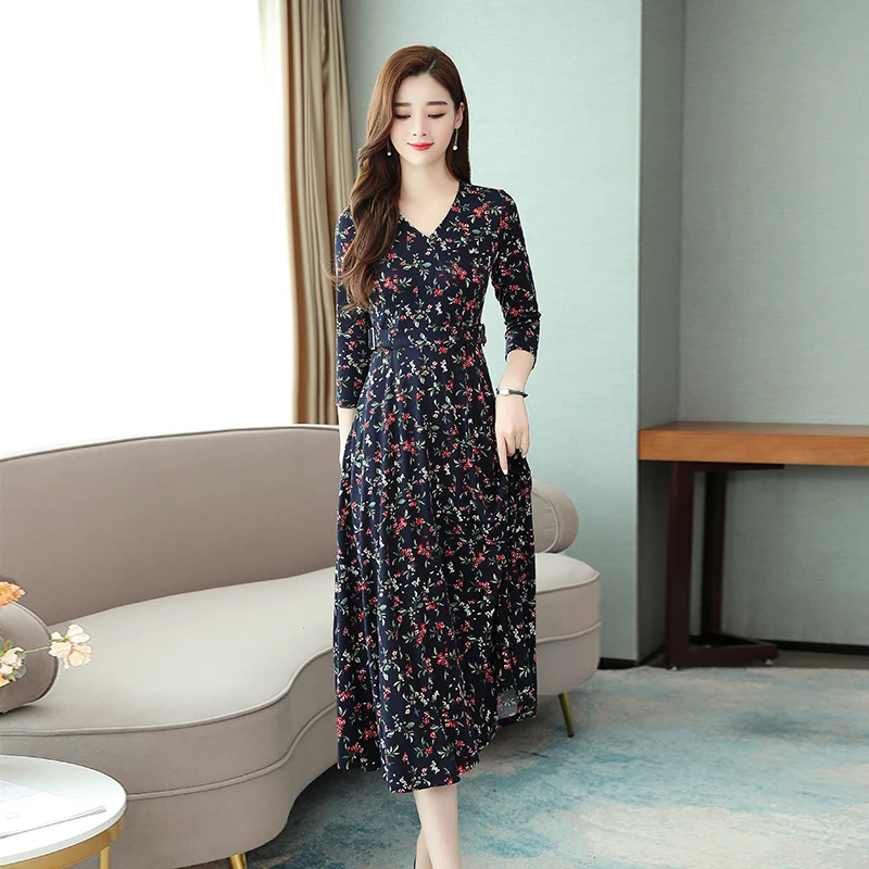 Autumn Spring Floral Print Long Sleeve Women Dress Slim Long Elegant Casual Party Dress Korean Style Plus Size 4XL 5XL