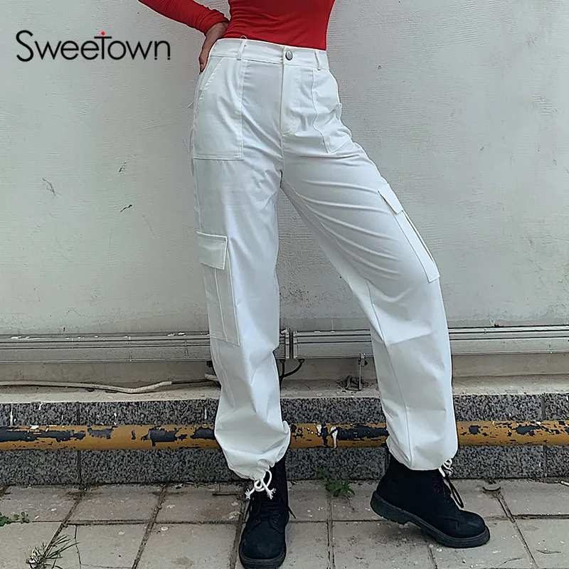 Sweetown, новинка, модные мешковатые брюки-карго для женщин, в стиле хип-хоп, с карманами, женские брюки, эластичные, с высокой талией, уличная одежда, штаны-шаровары