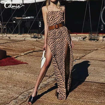 

Celmia Summer Sundress Women Sexy Zebra Striped Print Dress 2020 Strap Sleeveless Casual Club Party Split Maxi Long Vestido Robe
