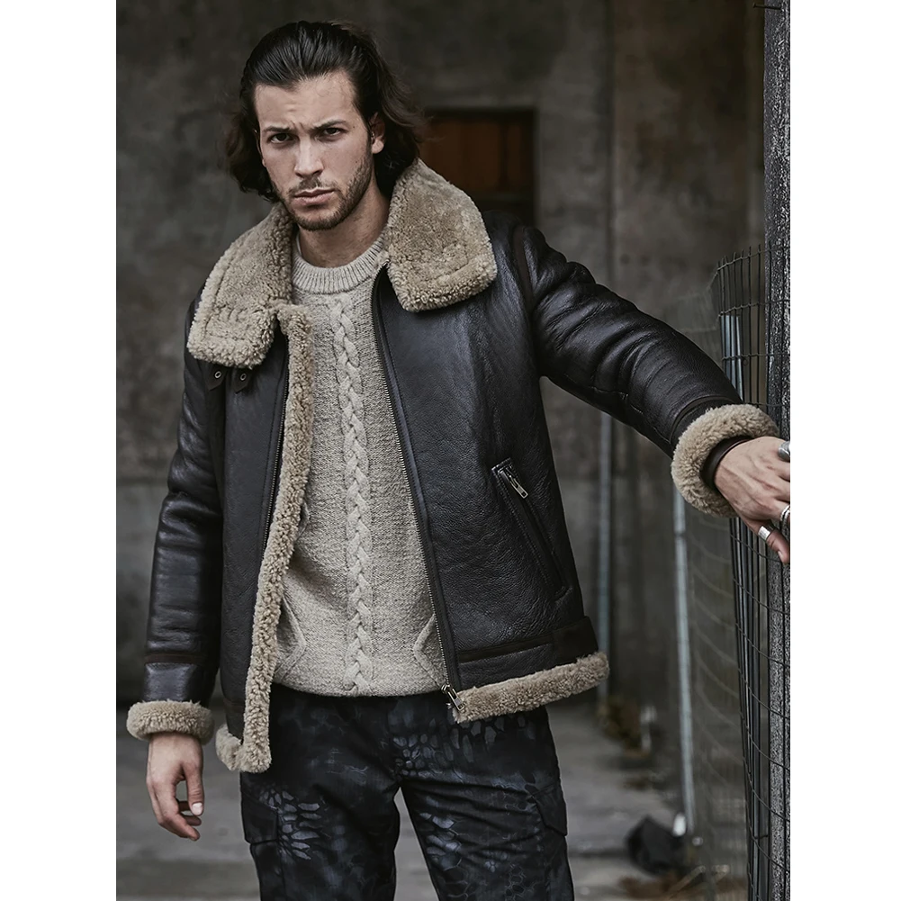 Новая мужская куртка из овечьей шерсти мотоциклетная куртка Короткая B3 куртка-бомбер мужские кожаные куртки пальто с мехом толстые зимние пальто