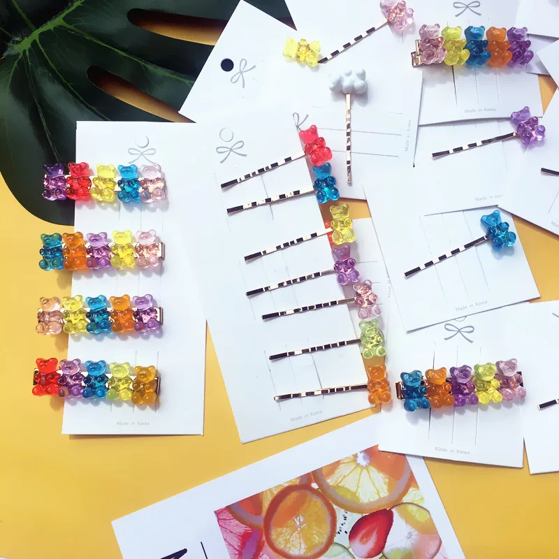 

Cute Fashion Acrylic Jelly Bear Candy Hairpin Creative Resin Bear One-word Clip Plastic Animal BB Clip For Women Girls Jewelry