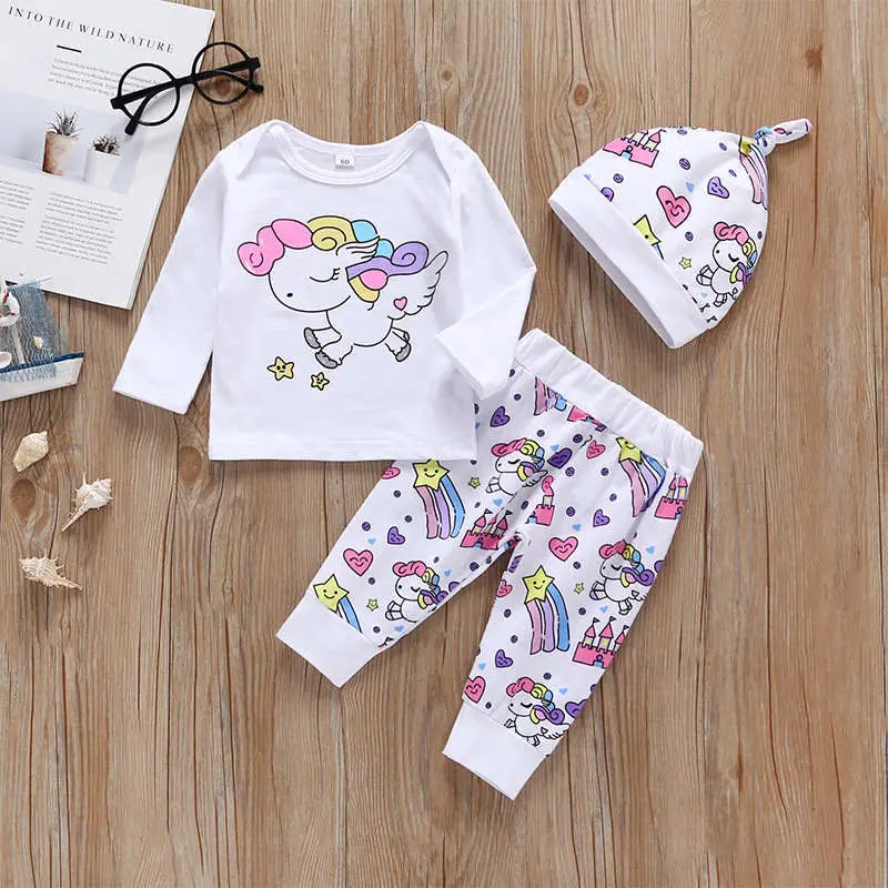 Бежевый Комплекты одежды для новорожденных девочек, roupa infantil единорог, Пегас, звезда, сердце, замок, Топы+ штаны+ шляпа, 3 предмета, Одежда для новорожденных девочек - Цвет: Бежевый