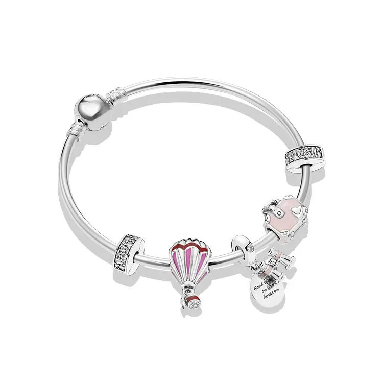 

Pan S925 Fine Silver Heart Telescope Pink Travel Bag Beads DIY Bracelet Finished Product Bracelets Collocation Beaded Bracelet