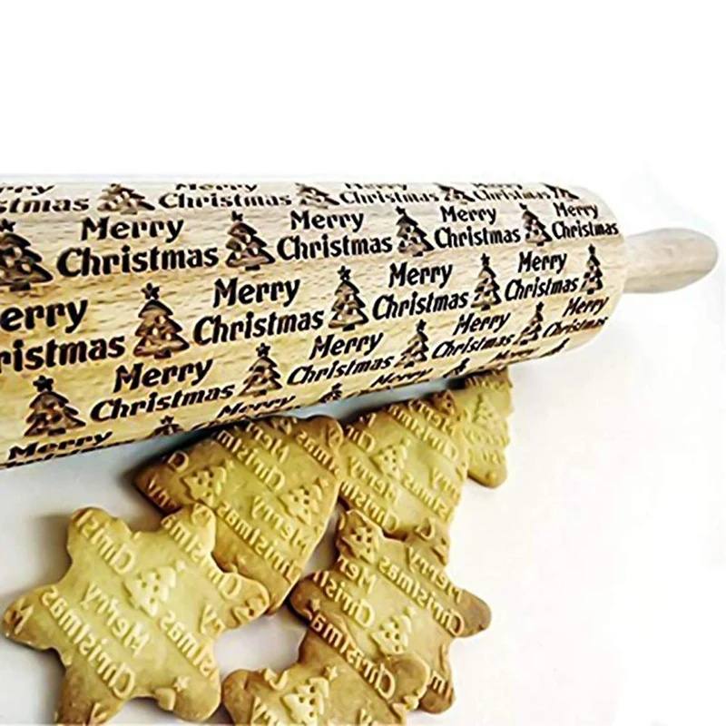 Christmas Wooden 3D Rolling Pins Embossed, Embossing Rolling Pin with Engraved Christmas Themed Symbols for Baking Embossed Cook