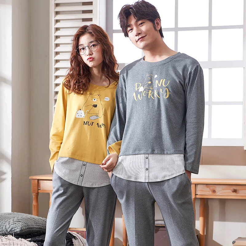 Осенняя Пижама зимняя Хлопковая пижама с длинными рукавами для мужчин и женщин