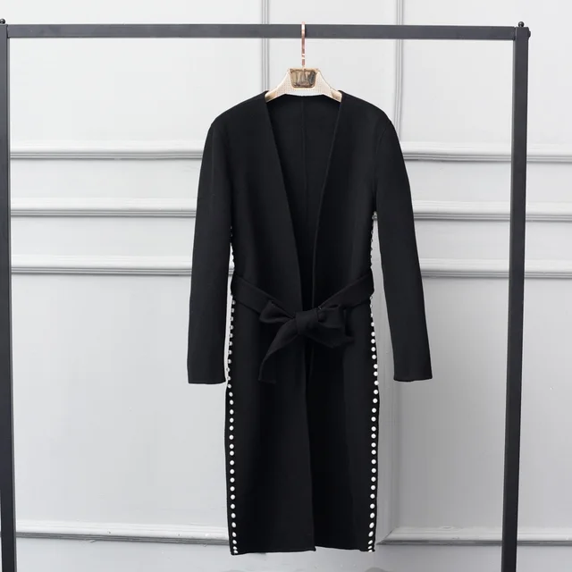 Women s Handmade Double-Sided Collarless Belted Cashmere Coat Autumn And Winter Long Solid Color Woolen Jacket