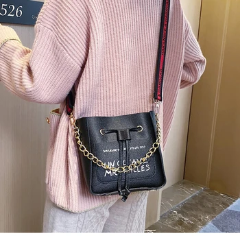 

New Autumn Crossbody-Bags For Women 2020 Fashion Trend Wide-Shoulder-Strap Bucket-Bag PU Leather Chain Female Shoulder-Bags
