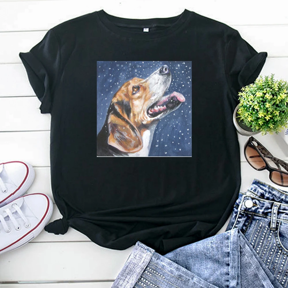 Beagle Christmas Fine Art Painting Tshirts For Women Casual Fashion Womens T Shirt Crewneck Harajuku Women Short Sleeve Tops