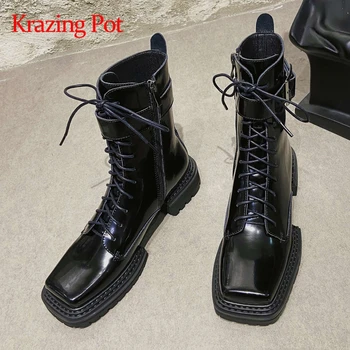 

Krazing pot 2020 top quality handsome riding boots cow leather square toe thick bottom cross-tied young lady mid-calf boots L33