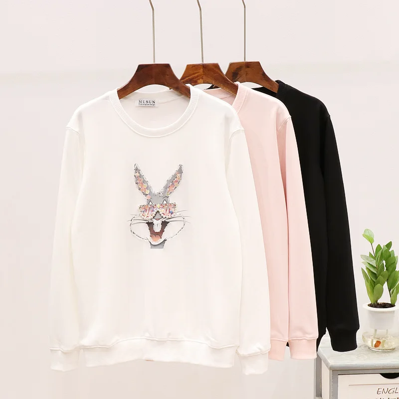 

2019 Autumn Casual fashion Sweatshirt Women Long Sleeve Cartoon Beading Rabbit Pullovers Hoody women