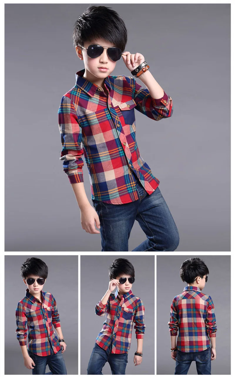 5-10T Kids Boy Shirts Spring Long Sleeve Plaid Shirt Boy Casual Turn-down Collar Blouses For Children Kids Top Clothes Baby Boy