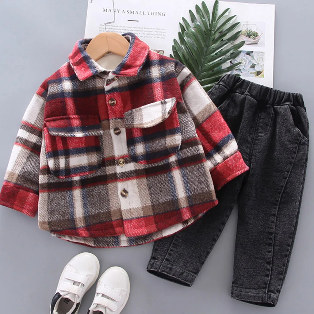 Для подростков, детей Зимняя одежда для маленьких мальчиков с рисунком из мультфильма клетчатая куртка+ джинсовые штаны, Повседневное Для детей комплекты для мальчиков, комплекты От 1 до 6 лет