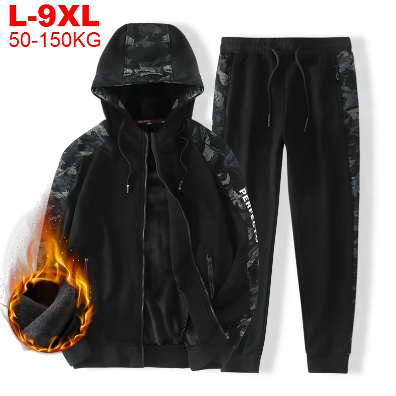 Mens Tracksuits Pants Sportswear Hooded Warm-Sets Zipper Fleece Winter Thick Male