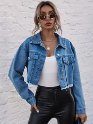 Sruby button frente raw hem colheita denim jaqueta simples azul bolsos frontais recortados denim jaqueta feminina streetwear jaquetas