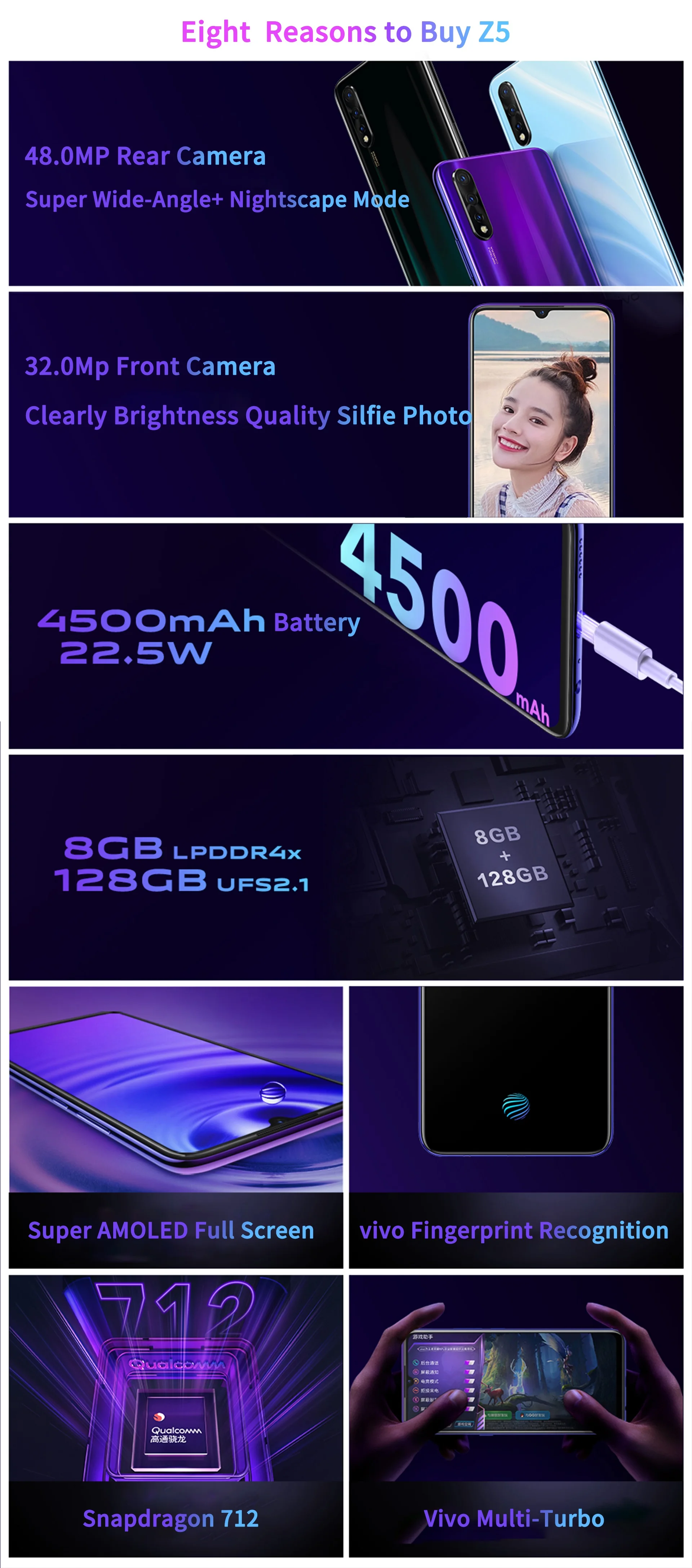 Чехол для мобильного телефона vivo Z5 Snapdragon712 Octa Core Super AMOLED 4500mAh большой Батарея 22,5 W тире зарядки 48.0MP Камера смартфон