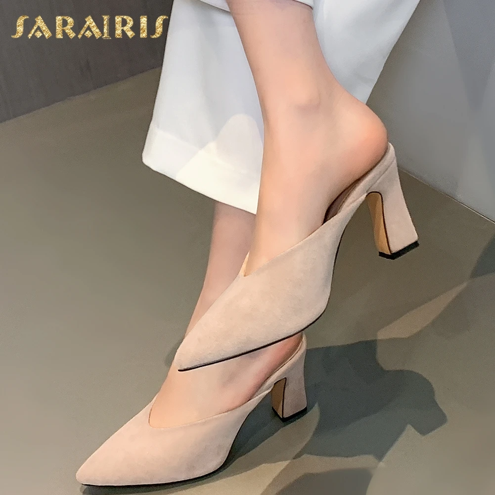 

Sarairis 2020 New Design Large Size 43 Woman Mules Sandals High Heel Square Heel Pumps Pointed Toe Slip-On Summer Woman Shoes
