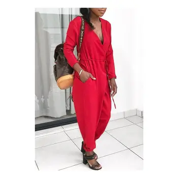 

Causal Solid Deep V-Neck Romper Women Fashion Low Cut Slim Fitted Long Sleeve Body Suit Elegant Belted Long Ladies Jumpsuits