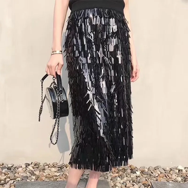 Summer Sequins Sexy Women Black Solid Skirt High Waist Mid Calf Empire Party Lady Bodycon Sweet Female Casual Pencil Skirts