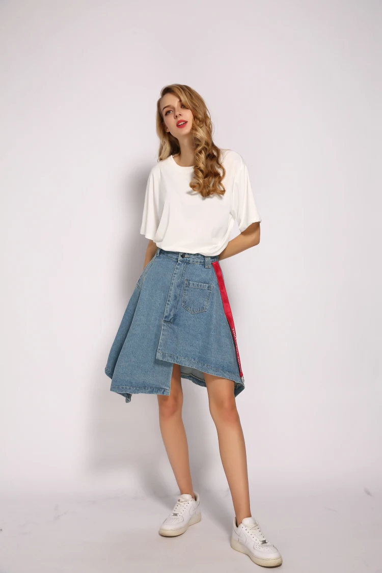 Denim Skirt High Waist A-line Mini Skirts Women New Single Button Belts Pockets Blue Jean Skirt Style Saia Jeans skater skirt
