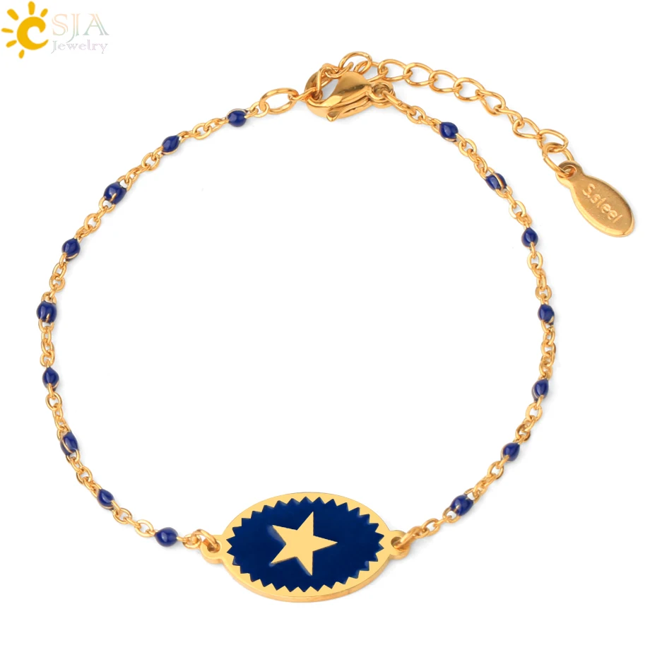 CSJA Stainless Steel Bracelet Women Enamel Star Charm Gold Color Link Chain Beaded Luxury Thin Acier Inoxydable Bracelets S718