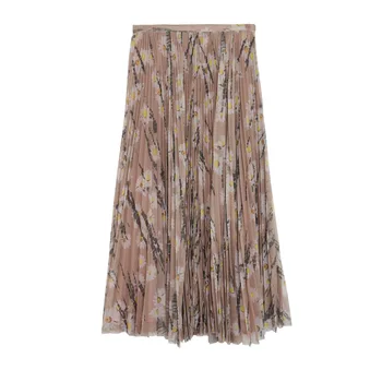 

Women Skirt 2019 Autumn Elegant Lily of The Valley Print Pleated Skirt Mesh Midi Skirt