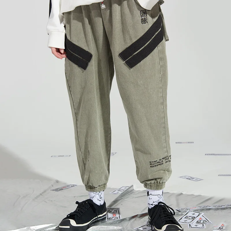 

19 Autumn And Winter Hong Kong Style National Trends Bib Overall Men's Character Embroidered Street Hip Hop Loose-Fit Pure Cotto