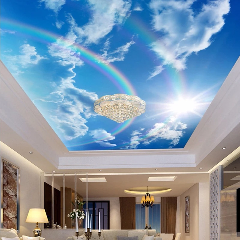 Mural 3D de techo Cielo azul con nubes blancas y Arco Iris MURALES 3D DE TECHO