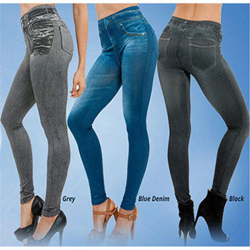 2021 Women's Spring and Summer Tight Imitation Jeans, Smart Slim Fashion, Large Tight Pants, False Pocket Women's Fitness Pants leather leggings