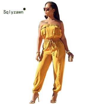 

Rompers Womens Jumpsuit 2019 Sleeveless Loose Romper Sexy Yellow Orange Casual Pockets Cargo Overalls High Waist Female Playsuit