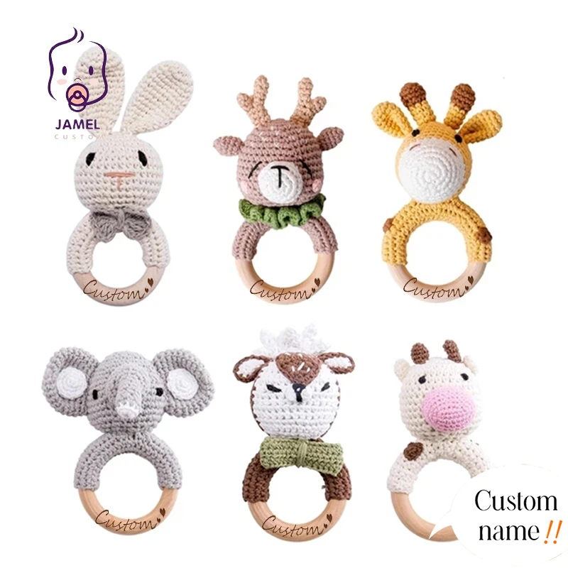 Mordedor de madera con nombre personalizado para bebé, juguete de elefante de ganchillo, sin BPA, para roedores de madera, cochecito de gimnasio móvil para bebé, juguete educativo
