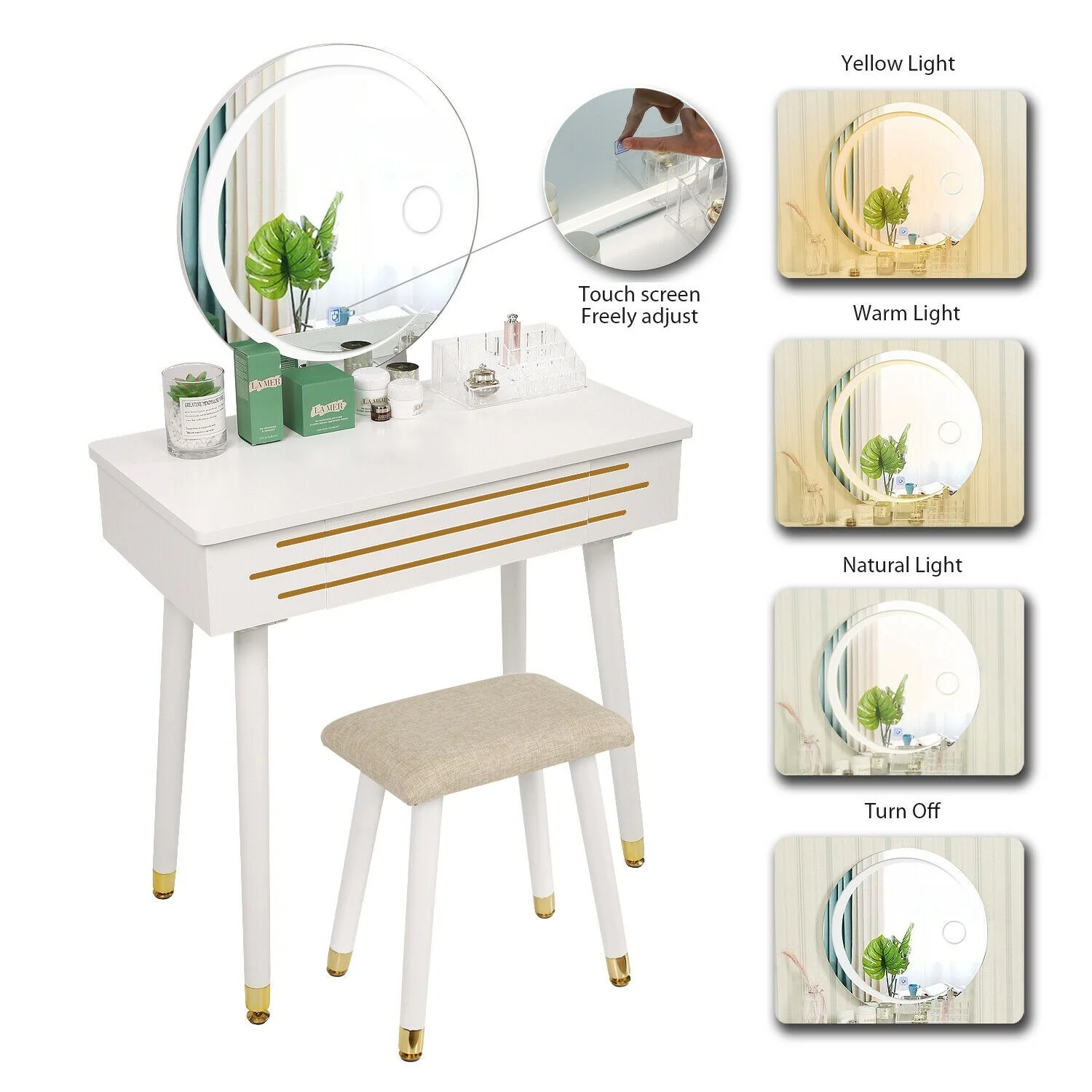 

Vanity Table Set Adjustable LED Mirror Makeup Dressing Table Wood Desk W/ Stool