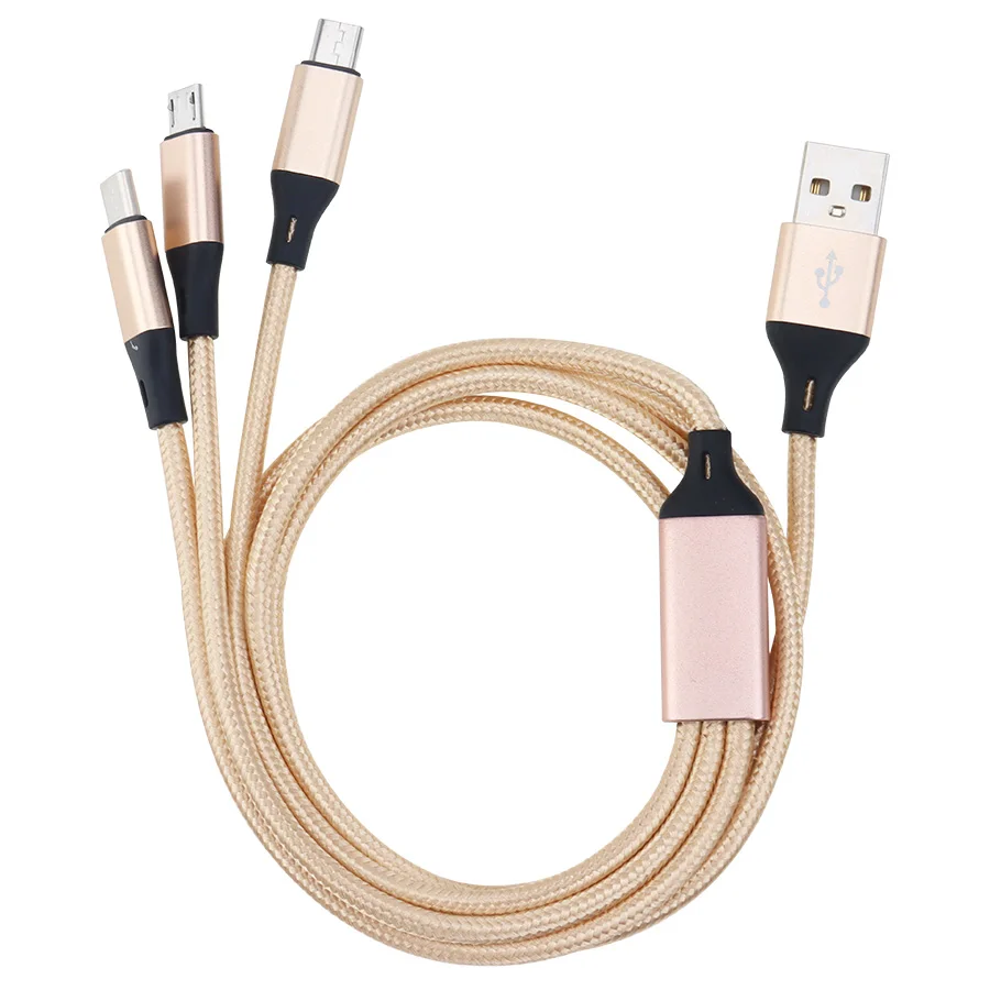 나일론 데이터 라인 3 인 1 케이블, 아이폰 안드로이드 c 타입 휴대 전화 다기능 Usb 원 드래그 3 데이터 충전 코드