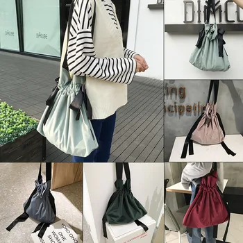 

Velvet WOMEN'S Bag Drawstring Ribbon Bucket Shoulder Bag Retro Contrasting Color Cloth Bags