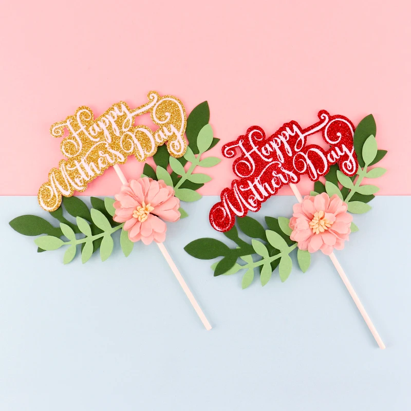 

Gold Glitter Happy Mother's Day Cake Topper Flower MOM Birthday Cake Topper for Mother's Day Mum Birthday Party Cake Decorations