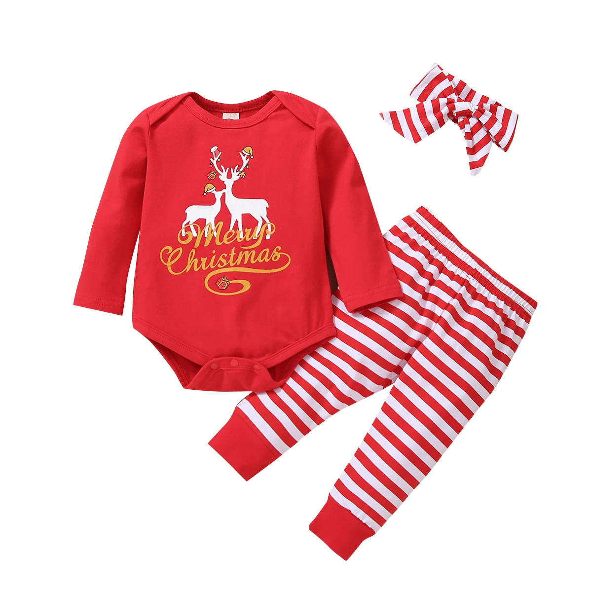 

2020 New Winter Christmas Infant Baby Girls 3Pcs Set MERRY CHRISTMAS Deers Print Long Sleeve Bodysuit+Striped Trousers+Headband