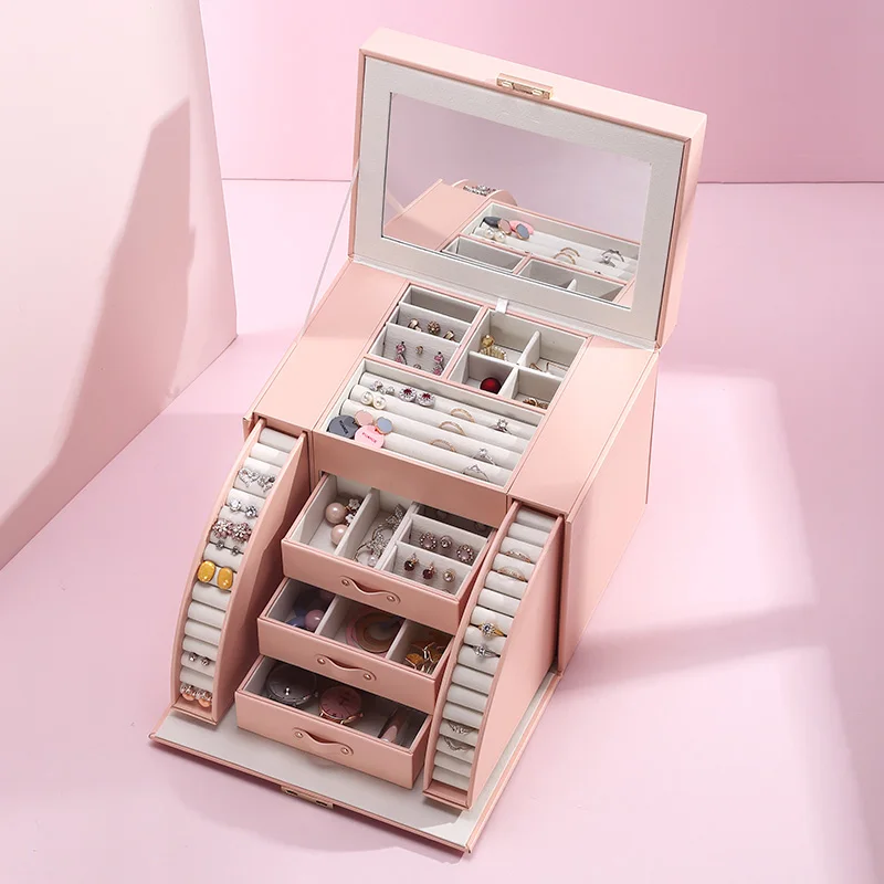 Meerveil Jewellery Box for Girls and Women Three Layers PU Leather Jewelry Storage Box with Mirror and Lock Pink Jewellery Oganiser