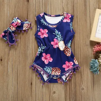 

Cute Baby Girls Rompers Summer Casual Thin Cool Clothing Set Infant Girl Sleeveless Bodysuit+ Free Bowknot Headband 2Pcs