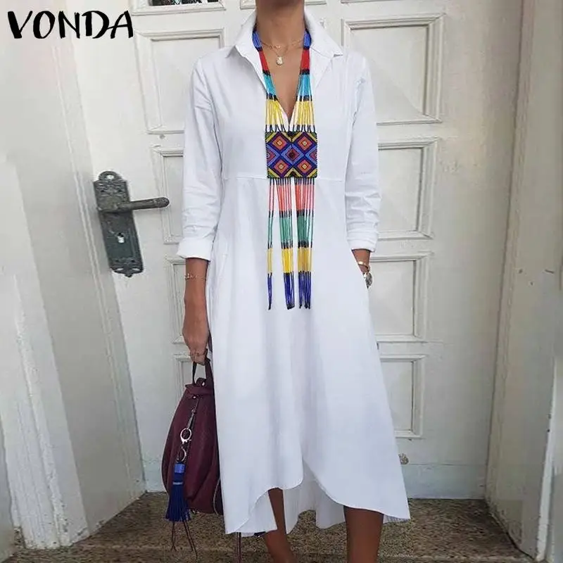 

VONDA Plus Size Dress Women Female Long Sleeve Lapel Neck Dress Office Ladies Vestidos Casual Robe 2019 Spring Summer Sundress