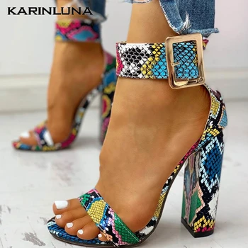 

KARINLUNA 2020 colorful snake veins sexy square high heels WOMEN sandals Summer Party ankle-strap shoes Woman sandals female