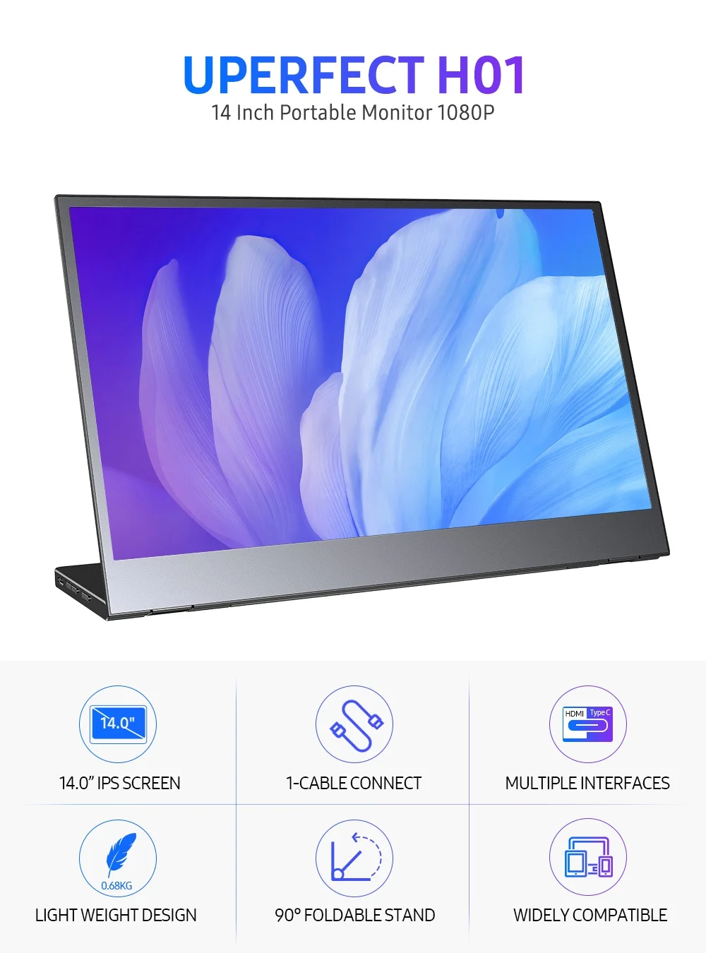 Портативный монитор UPERFECT 14 дюймов тонкий FHD Usb Type C Hdmi для ноутбука телефона Xbox Switch
